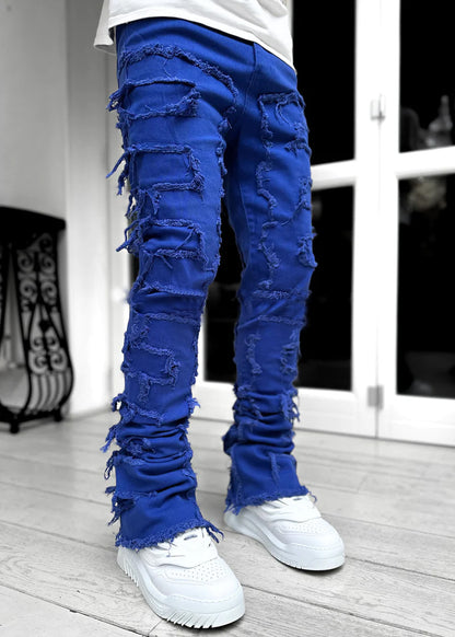 Men Fitted Patched Stacked Jeans