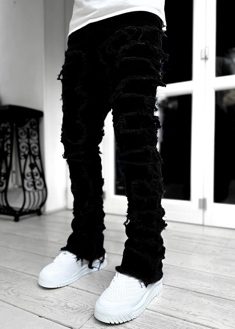 Men Fitted Patched Stacked Jeans