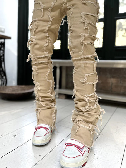 Men Fitted Patched Stacked Jeans
