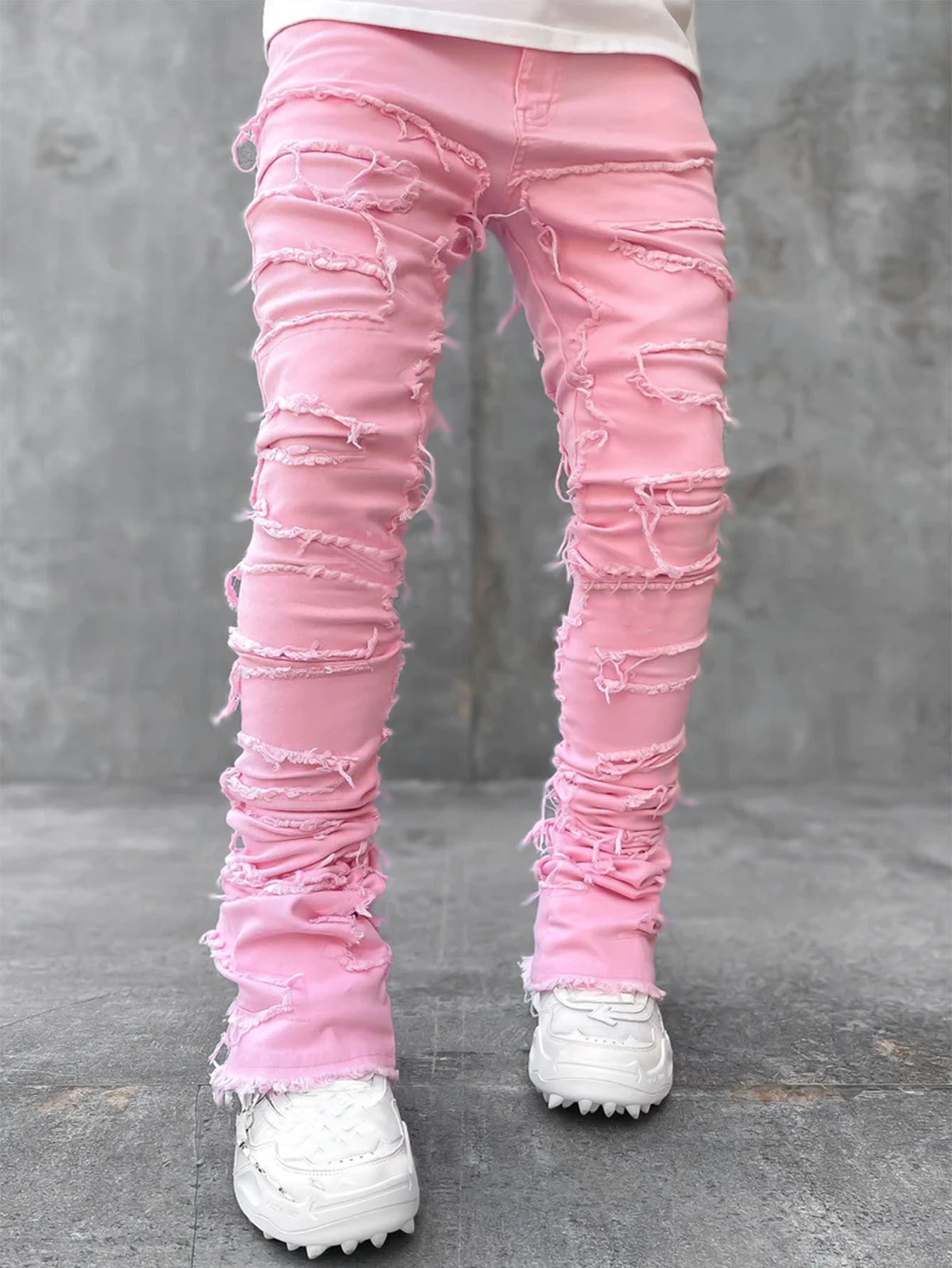 Men Fitted Patched Stacked Jeans