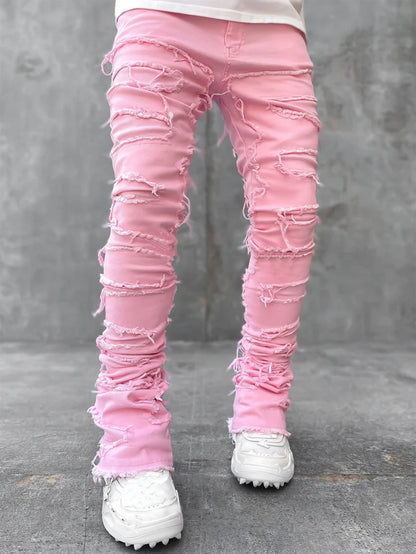 Men Fitted Patched Stacked Jeans