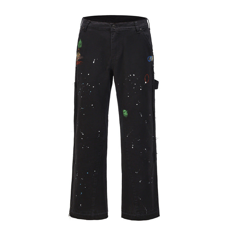 Men's Hand-splashed Ink Graffiti Stitching  Denim Pants
