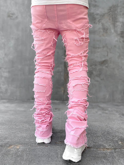 Men Fitted Patched Stacked Jeans