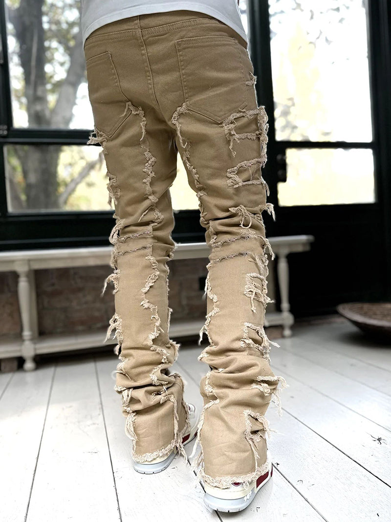Men Fitted Patched Stacked Jeans